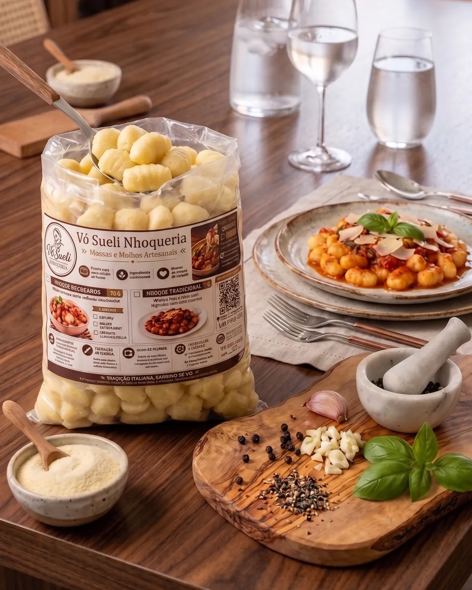 Mesa posta com nhoque da Vó Sueli servido ao molho de tomate